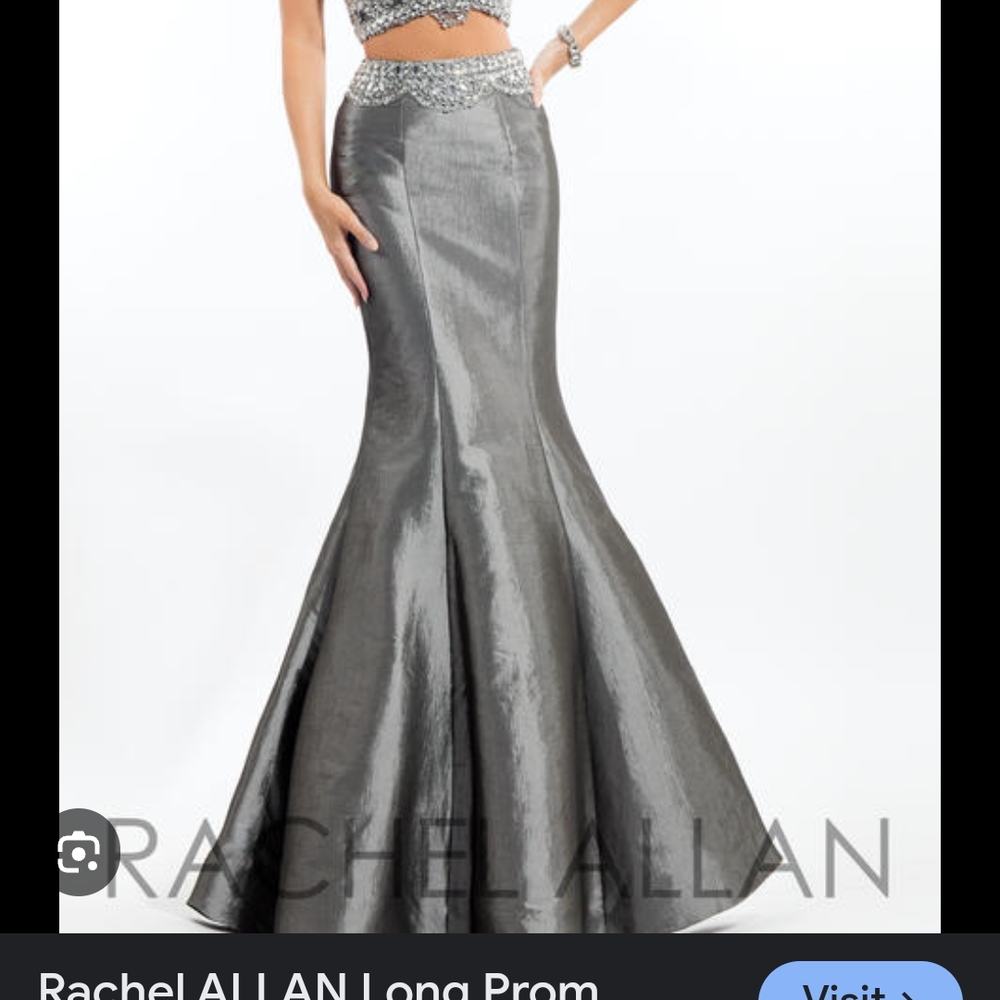 Rachel Allan Silver Off-the-Shoulder Prom Gown